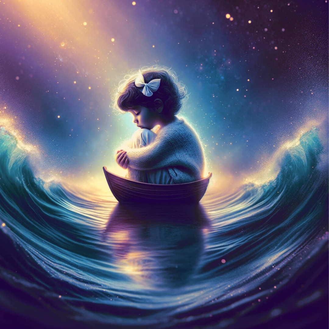 A young figure alone in a small boat among waves